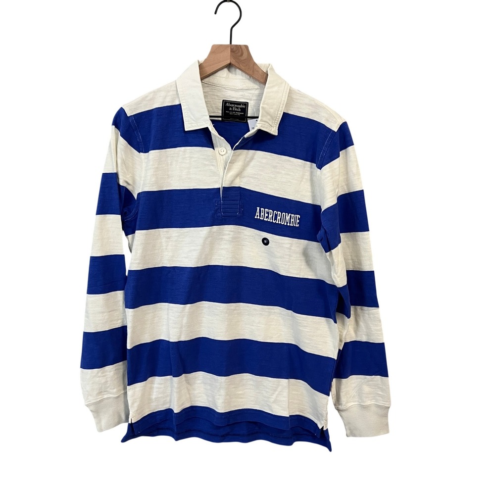 Abercrombie & Fitch Rugby Shirt Men M Blue White Striped Spellout Logo NWT